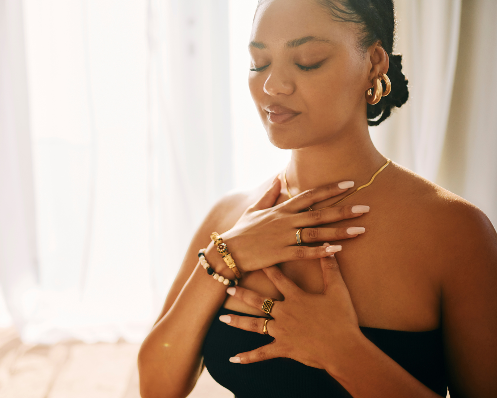 woman deep breathing for nervous system reset.