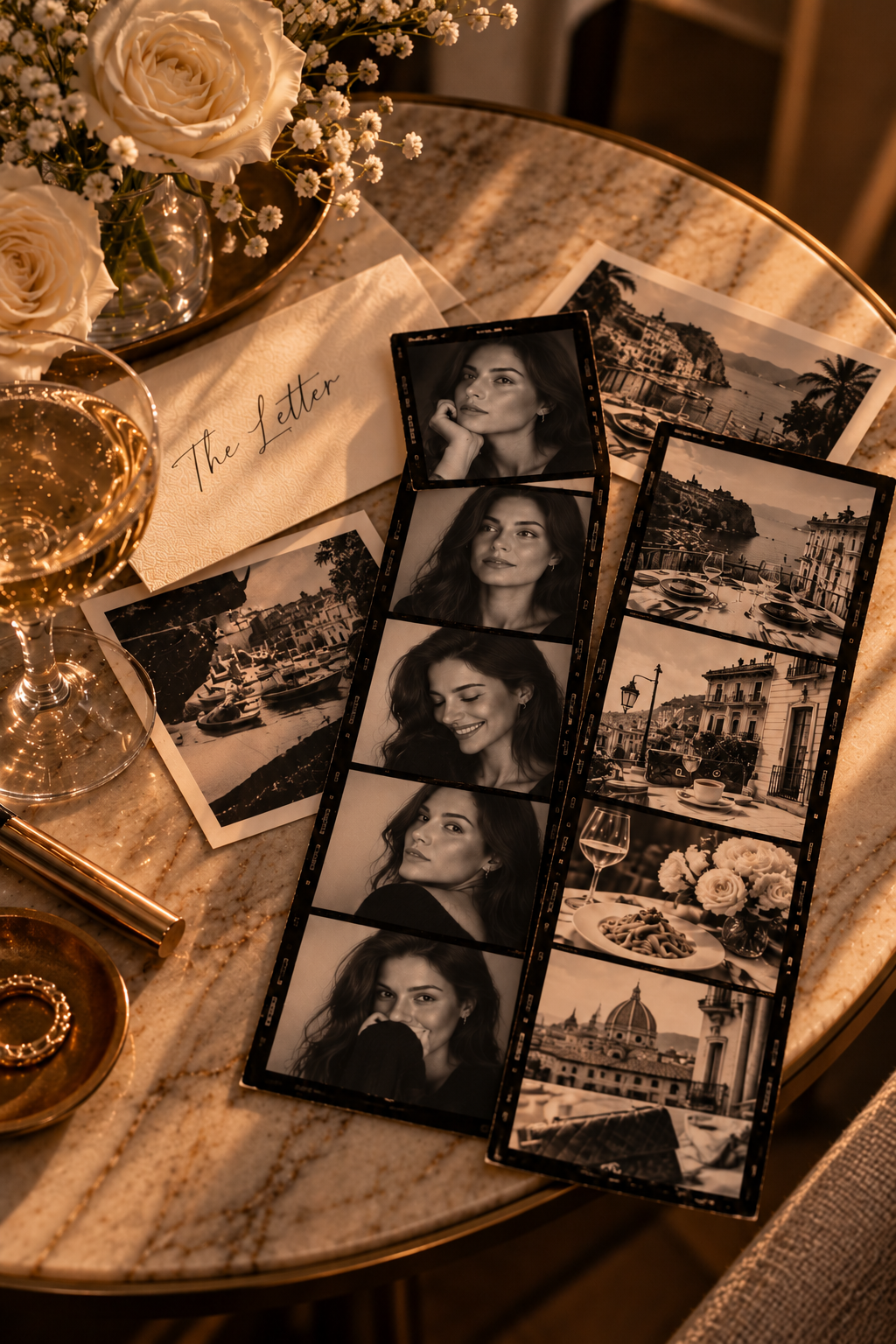 Portrait and travel photo strips beside The Letter envelope, cream roses and a glass of wine on a marble table.